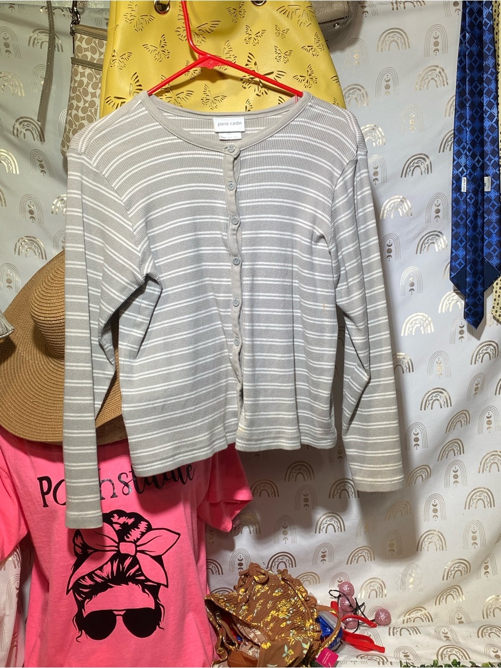 Pierre Cardin Light Gray & White Striped Knit Cardigan